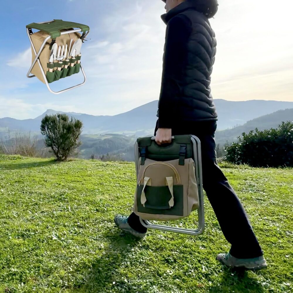 Folding Garden Stool with Tool Set - Image 2